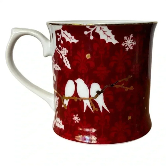 STARBUCKS by Rosanna 2010 Holiday Coffee Mug Red/White Birds Holly Gold Trim - Picture 1 of 4